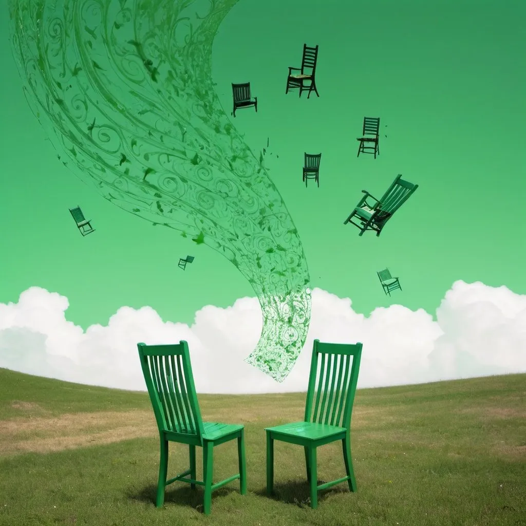 Prompt: chairs falling from the sky, swirls in the sky, ground is vivid green