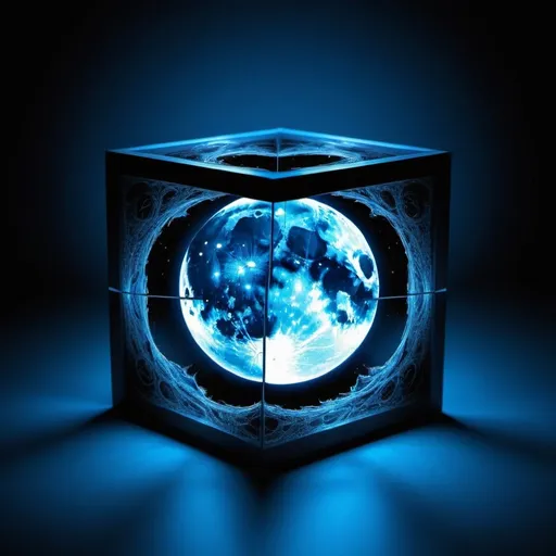 Prompt: can not escape this falling moon trapped in a cube, light and dark, electric blue energy all around