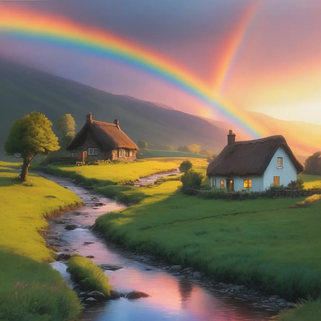 Prompt:  iridescent dawn in a valley, raindow in the sky, a small stream running by a small cottage