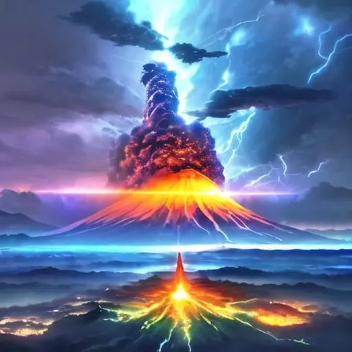 Prompt: nature storming, heavy lightning , volcano erupting