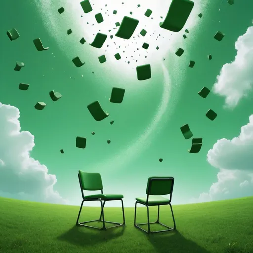 Prompt: chairs falling from the sky, swirls in the sky, ground is vivid green