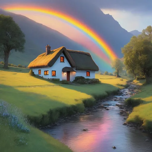 Prompt:  iridescent dawn in a valley, raindow in the sky, a small stream running by a small cottage