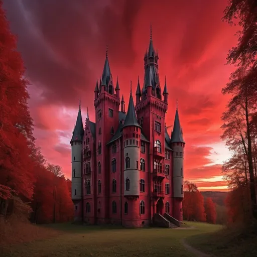 Prompt: neo gothic castle ina forest, blood red sky, vivid colors