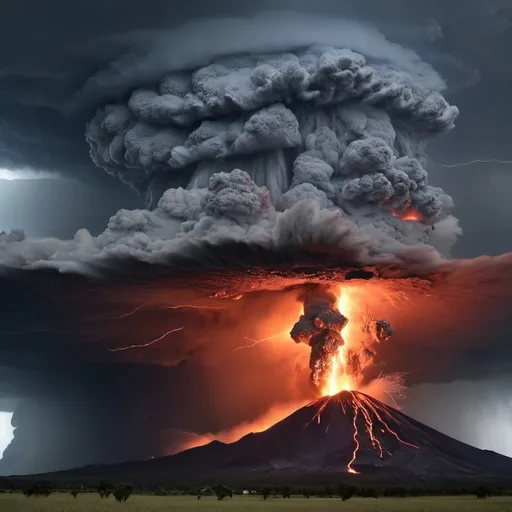 Prompt: nature storming, heavy lightning , volcano erupting