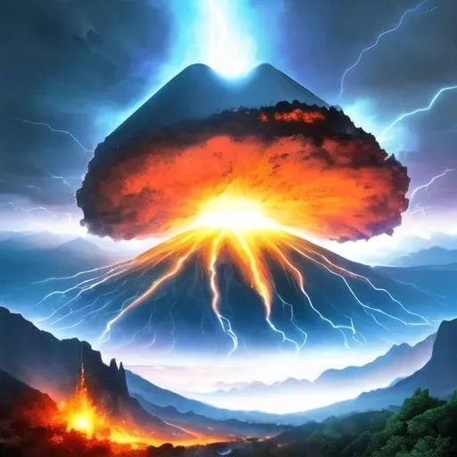 Prompt: nature storming, heavy lightning , volcano erupting