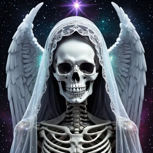 Prompt: angel of death skeleton, wearing veil, great face-lighting, amazing starry background, holographic colors