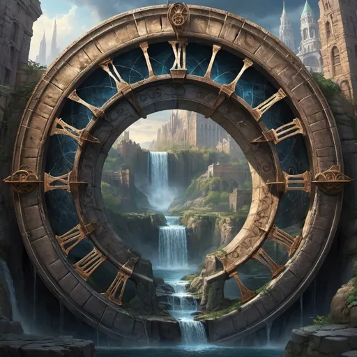 Prompt: a decayed wheel of time with a mystic city at its center, a waterfall flowing from the city over the wheel, a cosmic background, and some cracks or gaps in the wheel that make it feel like time is unraveling at its edges, and a large scale and a grand design that make it feel like this wheel governs the passage of ages