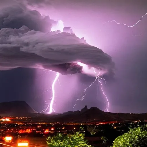 Prompt: nature storming, heavy lightning , volcano erupting