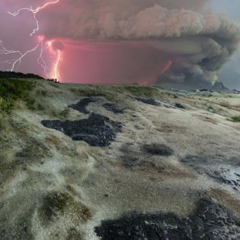 Prompt: nature storming, heavy lightning , volcano erupting