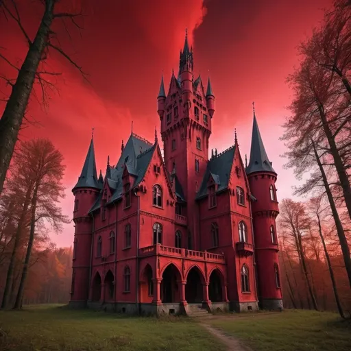 Prompt: neo gothic castle ina forest, blood red sky, vivid colors