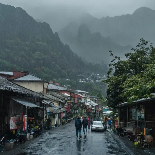 Prompt: old morning, rain, landscape, town, mountains, people