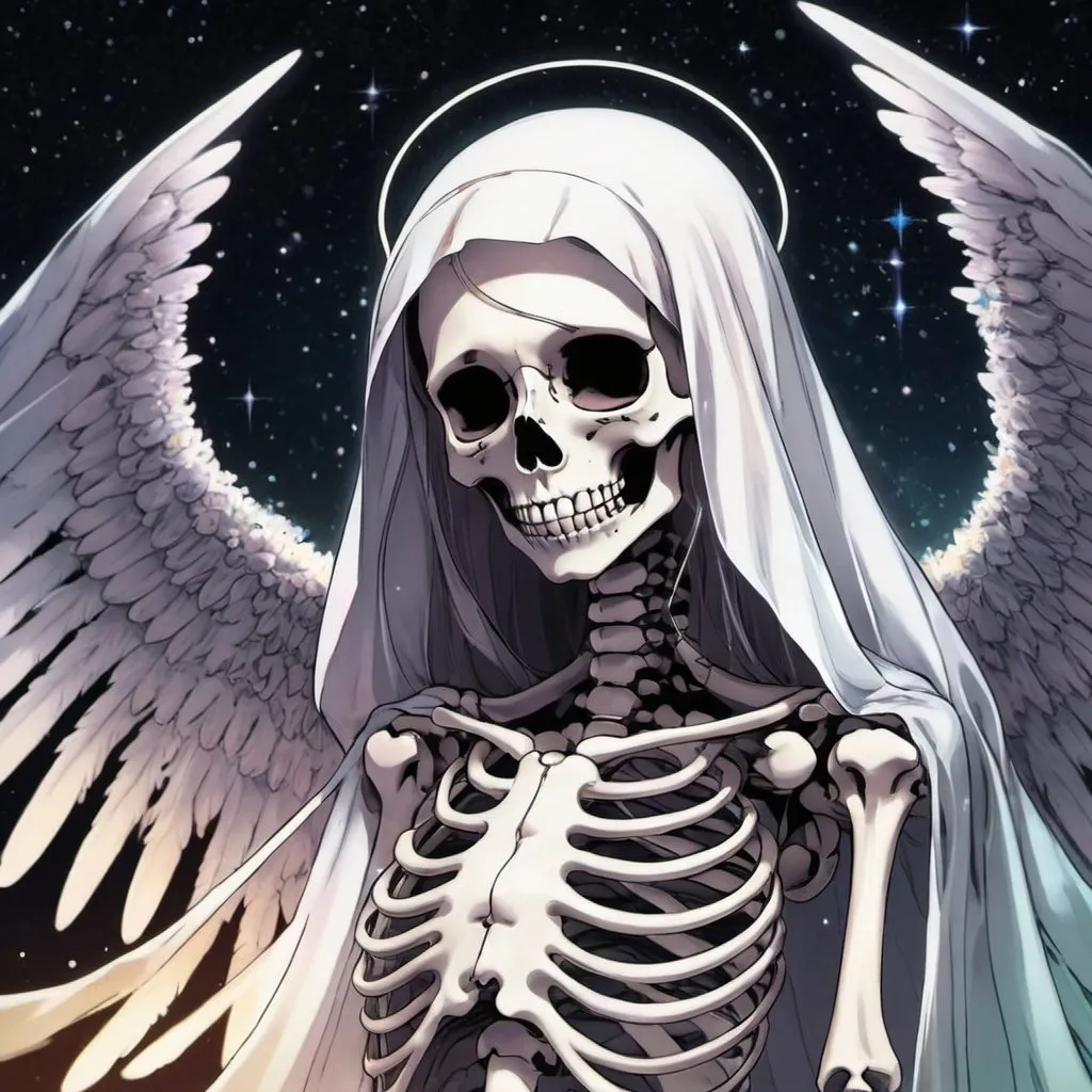 Prompt: angel of death skeleton, wearing veil, great face-lighting, amazing_starry_background, holographic_colors_highlights, iridescent_defined_face_shadows_and_highlights, color_splash_color_pop_print, portrait, warm light gently shining down, beautiful composition, black and white print, by artist "anime", Anime Key Visual, Japanese Manga, Pixiv, Zerochan, Anime art, Fantia