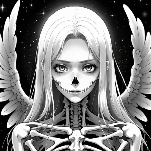 Prompt: angel of death skeleton, wearing veil, great face-lighting, amazing_starry_background, holographic_colors_highlights, iridescent_defined_face_shadows_and_highlights, color_splash_color_pop_print, portrait, warm light gently shining down, beautiful composition, black and white print, by artist "anime", Anime Key Visual, Japanese Manga, Pixiv, Zerochan, Anime art, Fantia