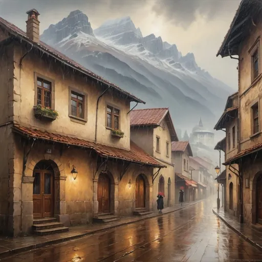 Prompt: Rainy morning landscape with old town and mountains, old architecture, wet streets, foggy morning, vintage oil painting, detailed buildings, traditional attire, atmospheric lighting, high quality, vintage oil painting, rainy, foggy, old architecture, detailed, traditional attire, atmospheric, vintage, morning, town, mountains, wet streets