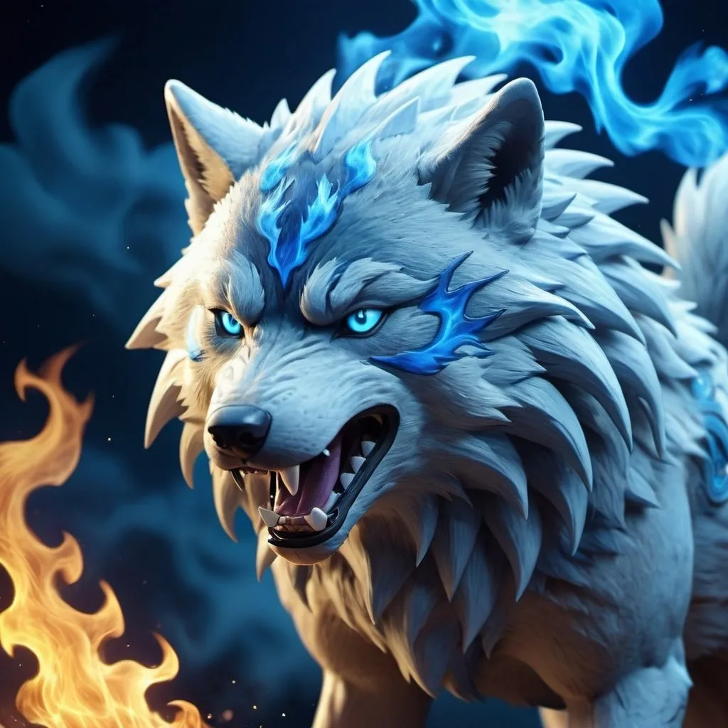 Prompt: moon wolf spirit in pokemon style, blue flames background, 8k, real photo, high detailed, high quality
