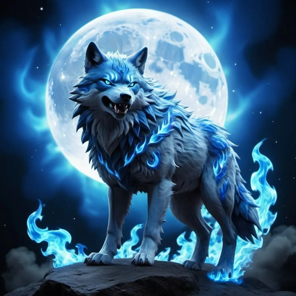 Prompt: moon wolf spirit in pokemon style, blue flames background, 8k, real photo, high detailed, high quality
