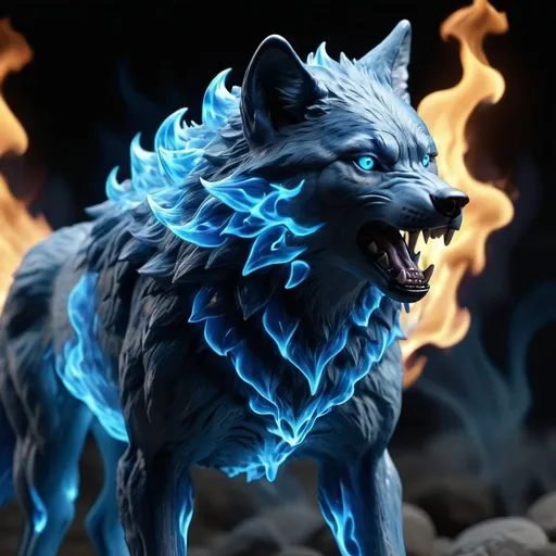 Prompt: wolf made of (((blue flames))) in pokemon style, 8k, real photo, high detailed, high quality, photorealistic, masterpiece, clear natural colors, realistic and lifelike cgi, dramatic lighting, reflective catchlights, high quality CGI VFX fine art (((blue flames)))