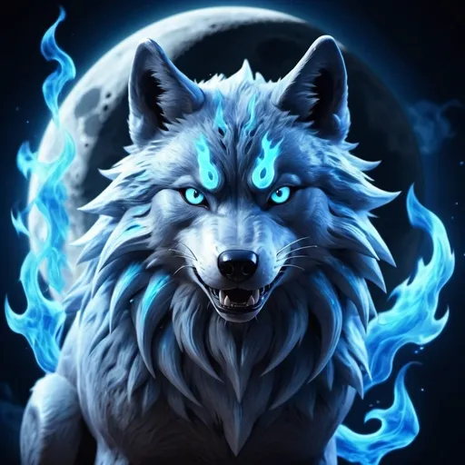 Prompt: moon wolf spirit in pokemon style, blue flames background, 8k, real photo, high detailed, high quality
