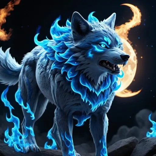 Prompt: moon wolf spirit in pokemon style, blue flames background, 8k, real photo, high detailed, high quality (((blue flames)))