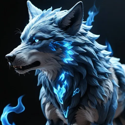 Prompt: blue flames humanoid wolf anime character, 8k, real photo, high detailed, high quality, photorealistic, masterpiece, clear natural colors, realistic and lifelike cgi, dramatic lighting, reflective catchlights, high quality CGI VFX fine art