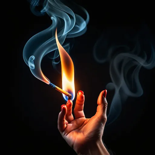 Prompt: Dark and mysterious tone background with a central light that is created from a lit match with a beautiful flame. One hand is holding the match, details of the hand are visible. The smoke that emanates from the match is dense and colourful, transforming into letters that float in the air. The letters Ronia are made up of smoke in vibrant colors such as RED, YELLOW, BLUE, PINK. the background of image is dark, making the colors of the smoke even more prominent.
‌