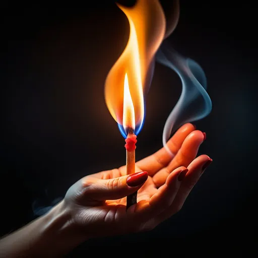 Prompt: Dark and mysterious tone background with a central light that is created from a lit match with a beautiful flame. One hand is holding the match, details of the hand are visible. The smoke that emanates from the match is dense and colourful, transforming into letters that float in the air. The letters Ronia are made up of smoke in vibrant colors such as RED, YELLOW, BLUE, PINK. the background of image is dark, making the colors of the smoke even more prominent.
‌