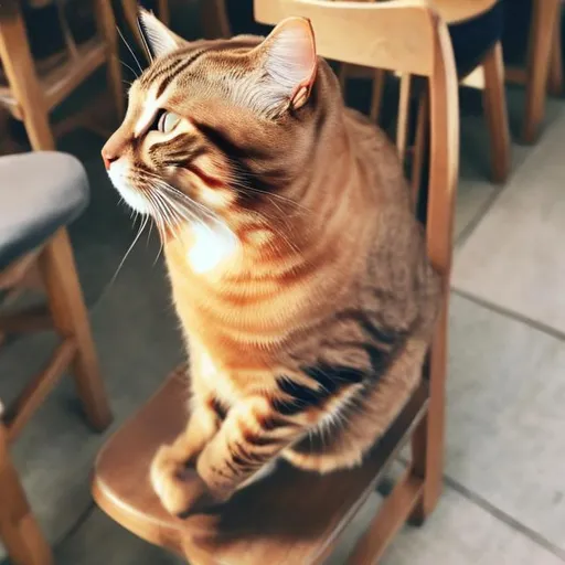 Prompt: A cat is sitting on a wooden chair and drink coffee