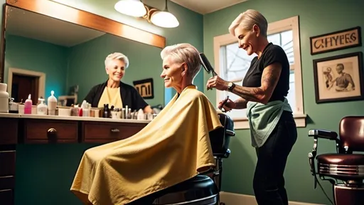 Prompt: Wide-angle full-length side view of a slim 60-year-old butch lesbian, sitting upright in a barber chair, facing the mirror, with a towel around her shoulders, barber cutting cape,  cute teenage stylist, professional, detailed facial features, realistic, vibrant colors, natural lighting, high-res, detailed wrinkles, clinical, urban setting, mirror reflection, vintage, atmospheric lighting