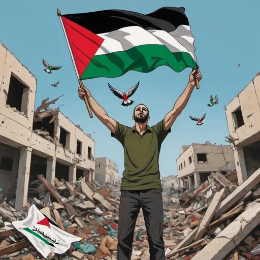 Prompt: a painting of a man holding a Palestine flag and wings in the air with a pile of debris in the background, Asaf Hanuka, stuckism, poster, a poster