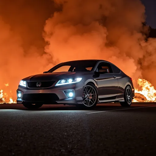 Prompt: In the middle of a massive wildfire, front shot of car