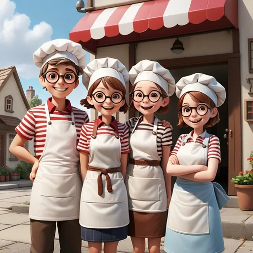 Prompt: Four characters stand in front of a cozy, cheerful building. One wears a red-and-white striped shirt, a matching beanie, round glasses, and carries a small brown satchel. Another has a big smile, wears a white chef’s hat and apron, with short brown hair and a bit of flour dusted on their clothes. Another is in a light blue uniform with a pocketed apron, has blonde hair in a ponytail, and black-framed glasses. The last wears a green shirt and blue jeans, with a cleaning rag in their pocket, curly hair, and a smudge of dirt on their cheek. The building, with yellow and white stripes resembling a giant waffle, has a sign reading “Waffle Wonderland” in bubbly letters. Wide windows with flower boxes and a striped awning add to its charm, while a bright red door stands out against the stripes. Cartoonish Style