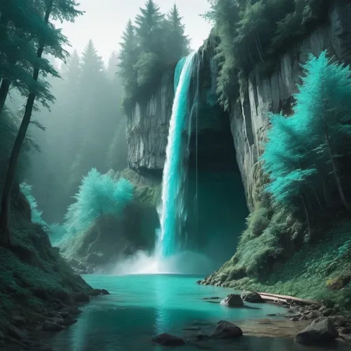 Prompt: a mystical forest waterfall with cliffs and with turquoise/teal as the main colourscheme