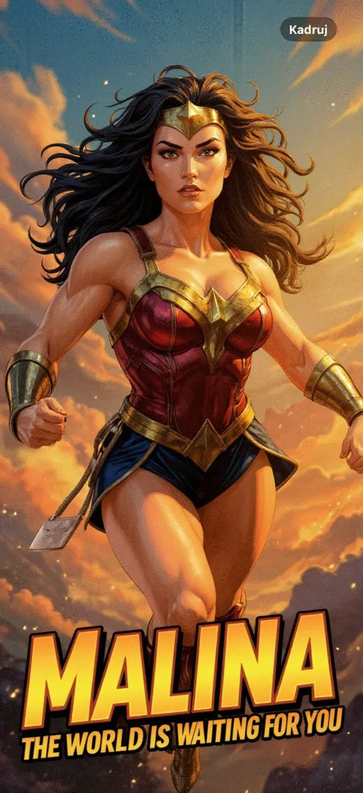 Prompt: Create a comic-style poster from a photo, accurately capturing facial features, dynamic and colorful. In the center is a superheroine inspired by Wonder Woman – a strong woman in armor reminiscent of an Amazon warrior, with golden and red elements, long flowing hair, in a dynamic pose as if she is soaring into the air. Style: epic comic book cover, bright colors, strong contrasts, conveying a sense of strength and hope. Add a bold and eye-catching text at the bottom: "Malina ... The world is waiting for you."