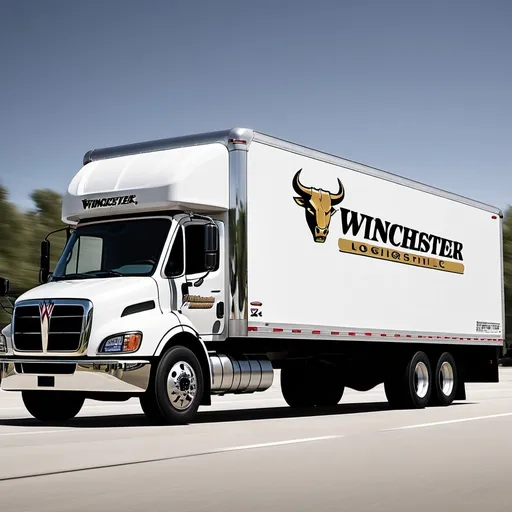 Prompt: Create a color image of a sleek white 24-foot box truck. On the side of the box trailer, in bold, professional lettering, the name "Winchester Logistics LLC" is prominently displayed, possibly in navy blue for contrast.

To the right of the text, incorporate a striking black and gold emblem featuring a stylized bull. The bull could have dynamic lines to convey strength and movement, complementing the professional look of the truck.