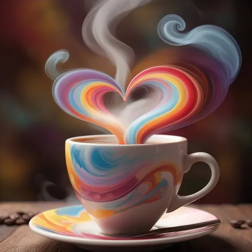 Prompt: (whimsical scene) steaming cup of coffee, cup shaped like a heart, swirling vapor above, colorful and playful elements, cozy atmosphere, soft natural lighting, dreamy background with unexpected hues, vibrant colors, inviting texture, imaginative elements dancing around, charming surroundings, ultra-detailed, HD quality, enchanting ambience