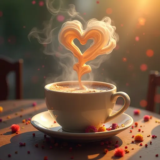 Prompt: (whimsical scene) steaming cup of coffee, cup shaped like a heart, swirling vapor above, colorful and playful elements, cozy atmosphere, soft natural lighting, dreamy background with unexpected hues, vibrant colors, inviting texture, imaginative elements dancing around, charming surroundings, ultra-detailed, HD quality, enchanting ambience