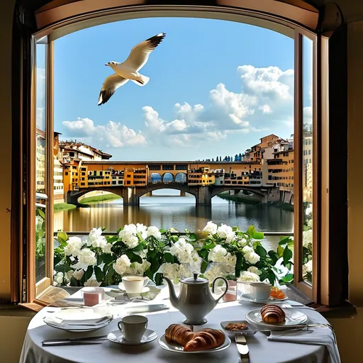 Prompt: A beautiful breakfast room in an Italian hotel. There are floor to ceiling windows overlooking the Ponte Vecchio in  Florence. A white bird is flying past the window.