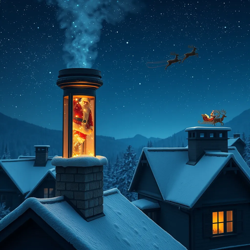 Prompt: translucent chimney, Santa descending inside chimney, illuminated with (soft twinkling lights), majestic outdoor atmosphere, snowy rooftops, serene night sky filled with stars, (reindeer and Santa’s sleigh on the roof), festive ambiance, high-contrast imagery, crisp details, enchanting feel, dreamlike qualities, 4K resolution, ultra-detailed imagery.