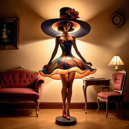 Prompt: A lamp with lampshade of (elegant woman), stunning flared dress bottom brightly lit, big hat transforming into a lampshade, graceful legs transforming into body of lamp,  high heeled shoes bottom of lamp, warm ambient lighting accentuating the dress, vibrant and colorful tones creating a whimsical atmosphere, ultra-detailed, imaginative and surreal composition, magical ambiance evoking charm and creativity.