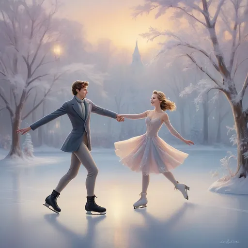 Prompt: (whimsical ice skaters), charming ice pond, soft pastel colors, festive atmosphere, sparkling reflections on the ice, enchanting winter landscape, delicate snowflakes falling gently, joyful expressions on the skaters' faces, detailed ice skate attire, playful poses, serene background with frosted trees, magical twilight lighting, ultra-detailed, inviting and whimsical ambiance.