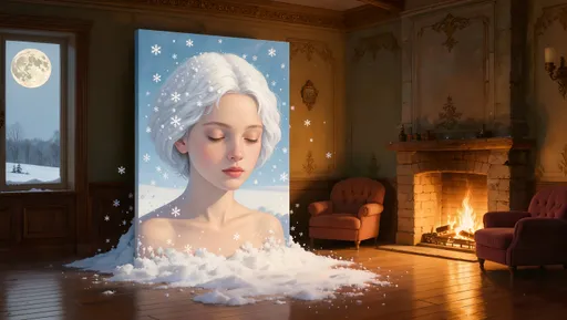 Prompt: A surreal scene unfolds within a cozy, warmly lit room, where a mesmerizing painting of a snowfall hangs on a beautifully adorned wall. Gentle snowflakes appear to defy gravity, swirled upward from the canvas and cascading softly onto the polished wooden floor, creating a whimsical blend of reality and art. The flickering flames of a rustic fireplace cast a golden glow, illuminating the delicate flakes as they dance in the air. Plush armchairs draped in rich, deep colors invite one to settle in, while the soft crackle of the fire adds an atmospheric warmth. Outside the window, a pale winter moon bathes the landscape in ethereal light, enhancing the dreamlike quality of this enchanting scene. Capture this moment in a surreal, contemporary art style.