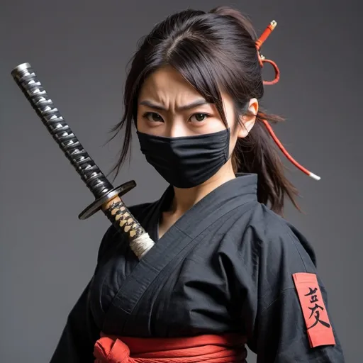 Prompt: a japanese style ninja girl, wearing a mast on her mouth and have a katana with her and kunai