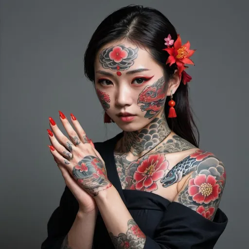 Prompt: girl, eropean, have a tattoo on her hands, right hand- japanese style tatoos dragon, red flower and fish, left hand - tattoos Japan yokai mean death, details on her hands, mask on her mouth 