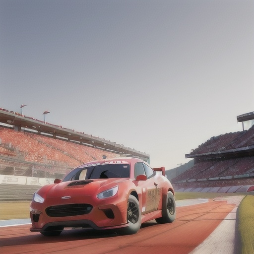 Prompt: a car race one red car going to finish the line 