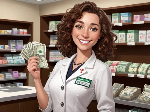 Prompt: Draw a cartoon female pharmacist with no eyeglasses, Brown curly shoulder length hair, smiling, counting Canadian money with a Johnson Taber Drug sign on the wall behind her
