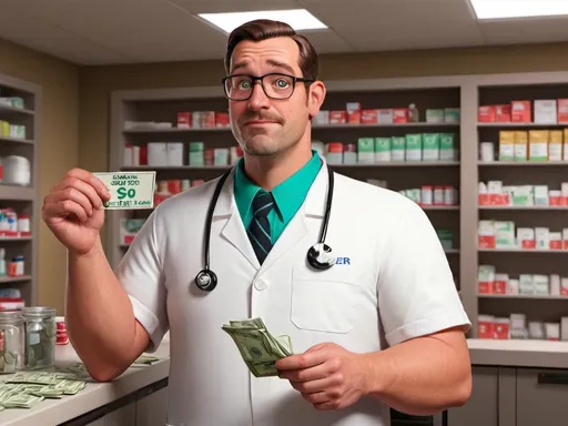 Prompt: Draw a cartoon pharmacist with David name tag, counting money with a Johnson Taber Drug sign on the wall behind him
