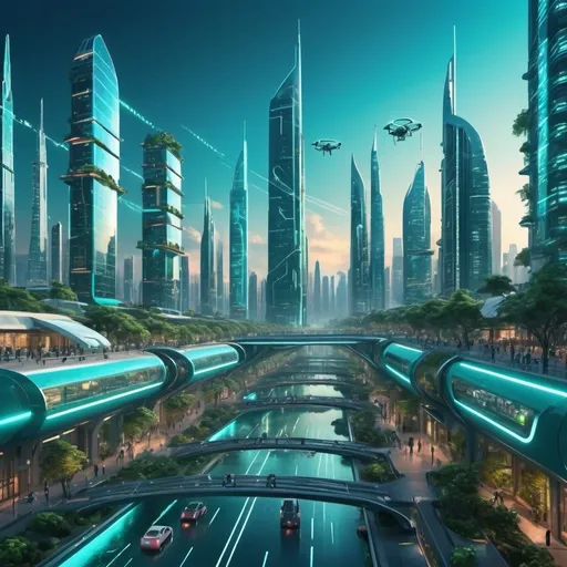 Prompt: futuristic human civilization on planet Earth, (advanced technology), vibrant cityscapes, sleek skyscrapers glistening under a teal sky, (sustainable architecture), lush greenery integrated into urban design, dynamic transportation systems, (interconnected societies), diversity in human life, (hoverbikes and drones), glowing lights and neon accents, illuminated streets, (high quality, 4K, ultra-detailed), an overall atmosphere of harmony and innovation.