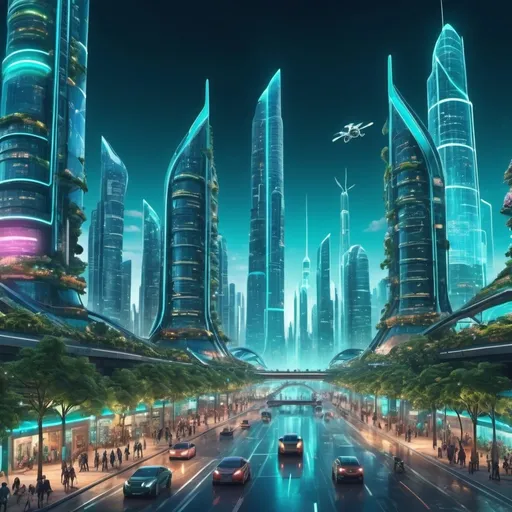 Prompt: futuristic human civilization on planet Earth, (advanced technology), vibrant cityscapes, sleek skyscrapers glistening under a teal sky, (sustainable architecture), lush greenery integrated into urban design, dynamic transportation systems, (interconnected societies), diversity in human life, (hoverbikes and drones), glowing lights and neon accents, illuminated streets, (high quality, 4K, ultra-detailed), an overall atmosphere of harmony and innovation.