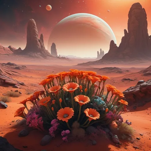 Prompt: (Flowers bouquet), vibrant colors, unique alien flora, lush greenery against an arid Martian backdrop, shades of red and orange terrain with rocky details, ethereal atmosphere, surreal juxtaposition, warm and cool tones blend harmoniously, stunning 4K resolution, ultra-detailed representation, dreamlike vibe, cosmic setting, imaginative art piece, expansive skies highlighting extraterrestrial beauty.