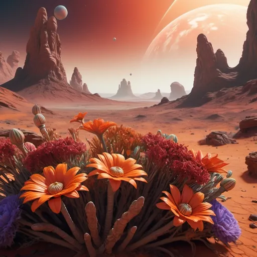 Prompt: (Flowers bouquet), vibrant colors, unique alien flora, lush greenery against an arid Martian backdrop, shades of red and orange terrain with rocky details, ethereal atmosphere, surreal juxtaposition, warm and cool tones blend harmoniously, stunning 4K resolution, ultra-detailed representation, dreamlike vibe, cosmic setting, imaginative art piece, expansive skies highlighting extraterrestrial beauty.